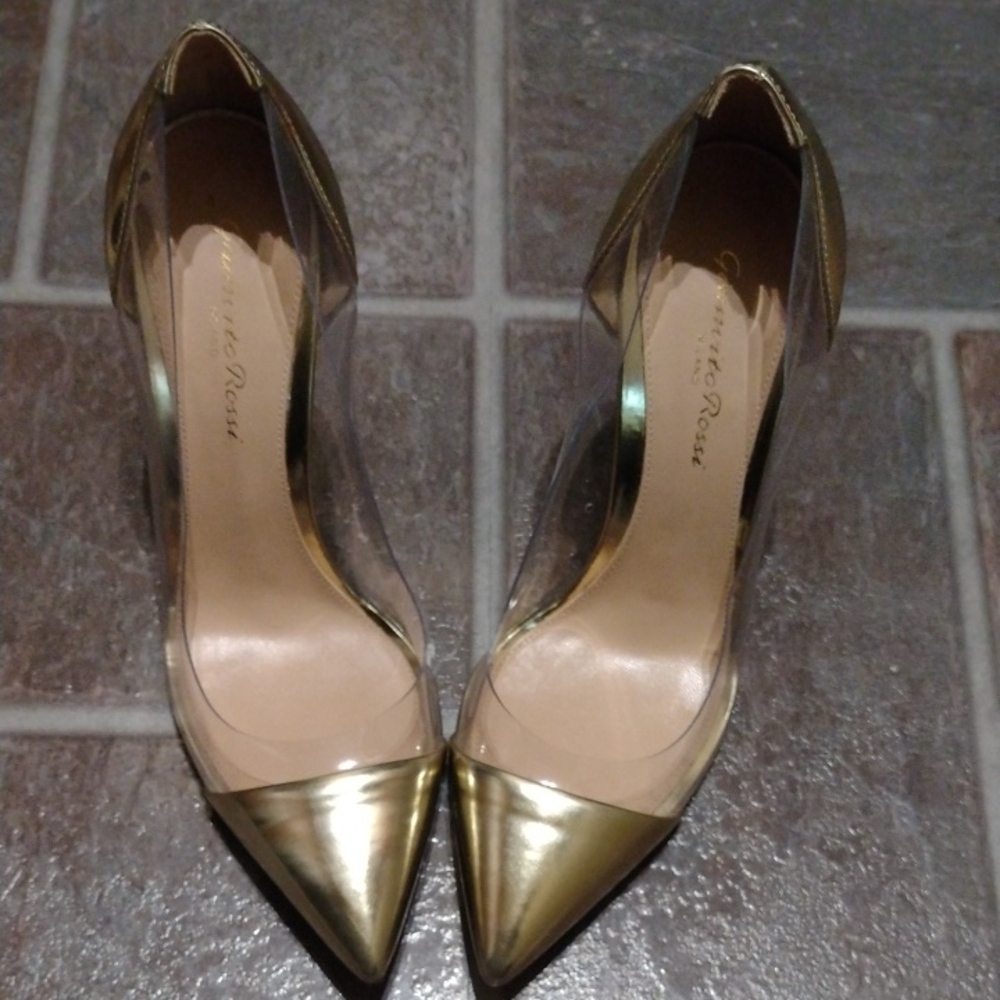 Gianvito Rossi Plexi 105mm PVC And Metallic Gold Pump Heels Size 36.5